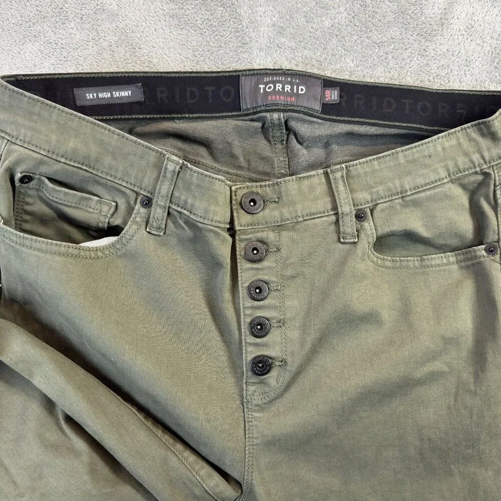 Torrid Jeans Womens 14R Olive Green Sky High Skinny Button Fly Stretch Regular